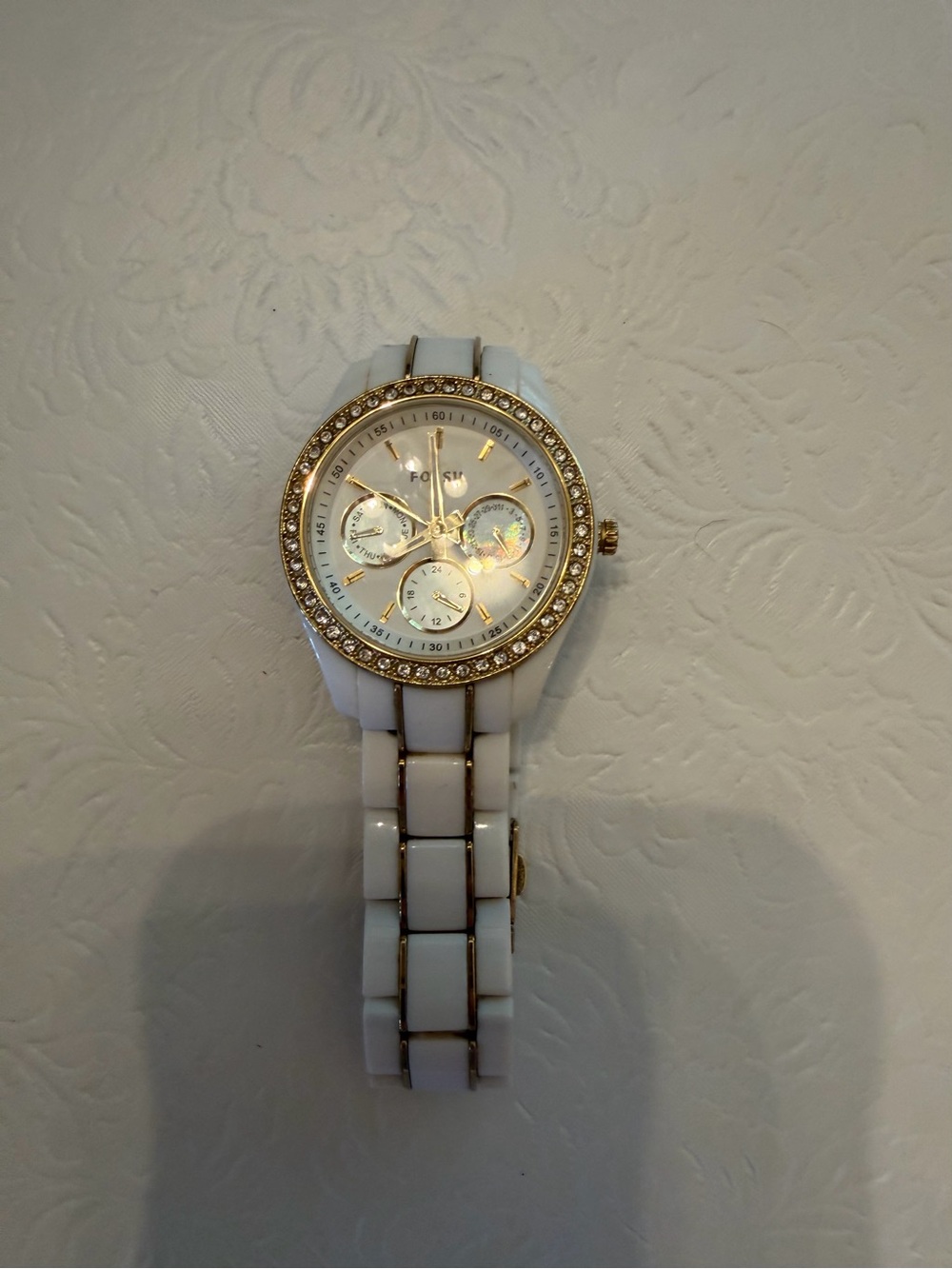 Fossil Women's White Ceramic Watch with Gold-Tone Accents and Crystals